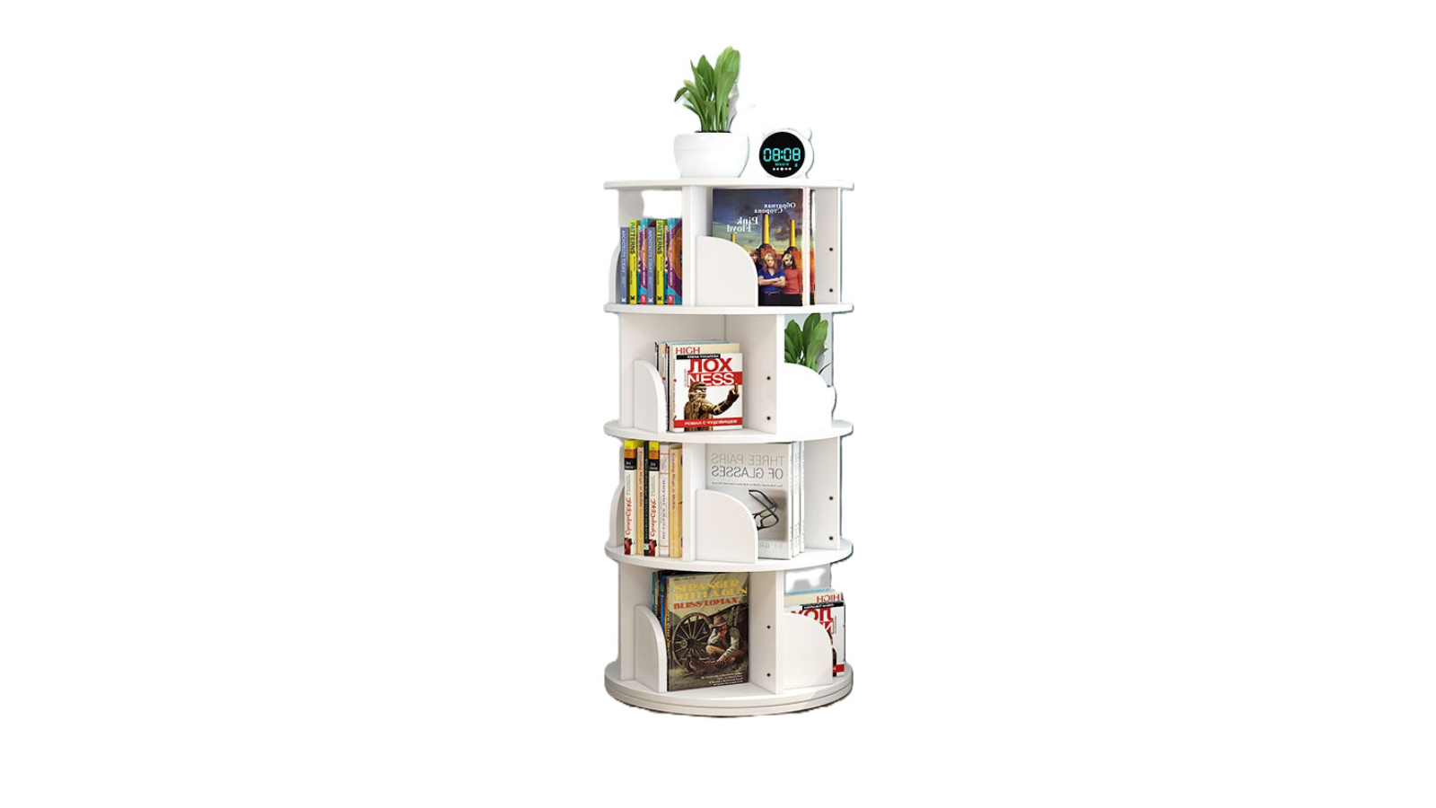HelloDeal 4-Tier 129cm Rotating Swivel Wooden Bookcase - White