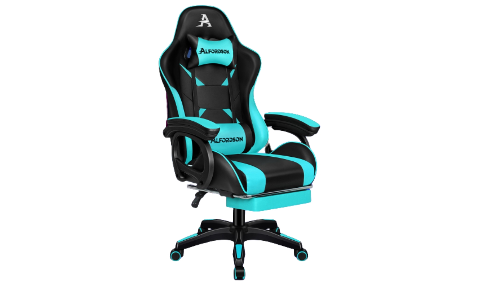 ALFORDSON Gaming Chair 2 Point Massage Lumbar Cushion Xavier Black Cyan Harvey Norman