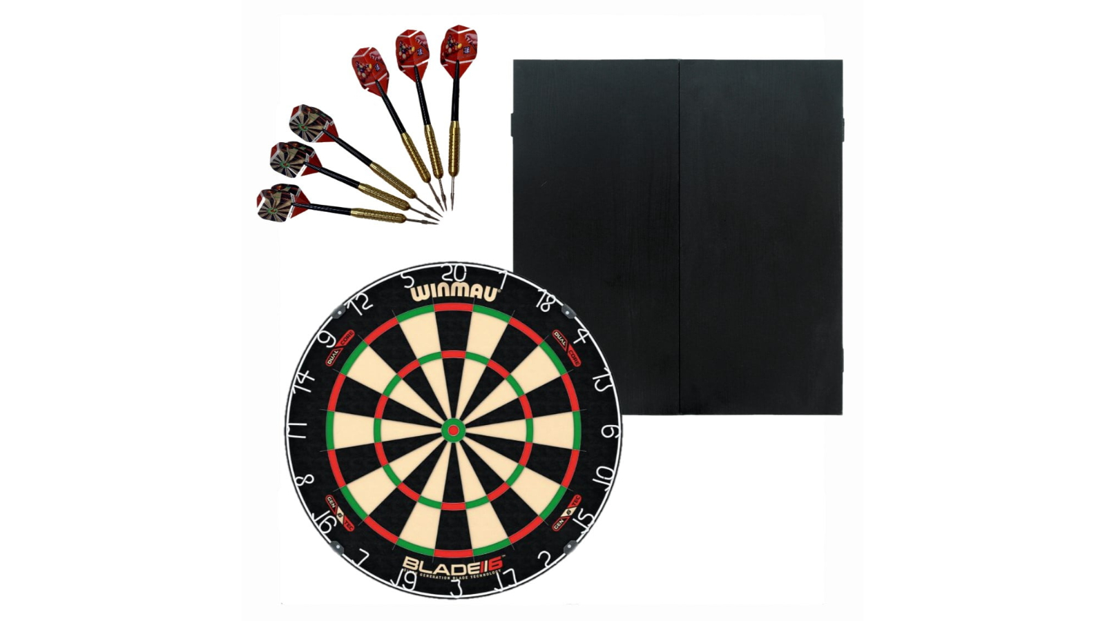 Winmau Professional Blade 6 Dual Core Dartboard with Darts Set and Black Ash Cabinet
