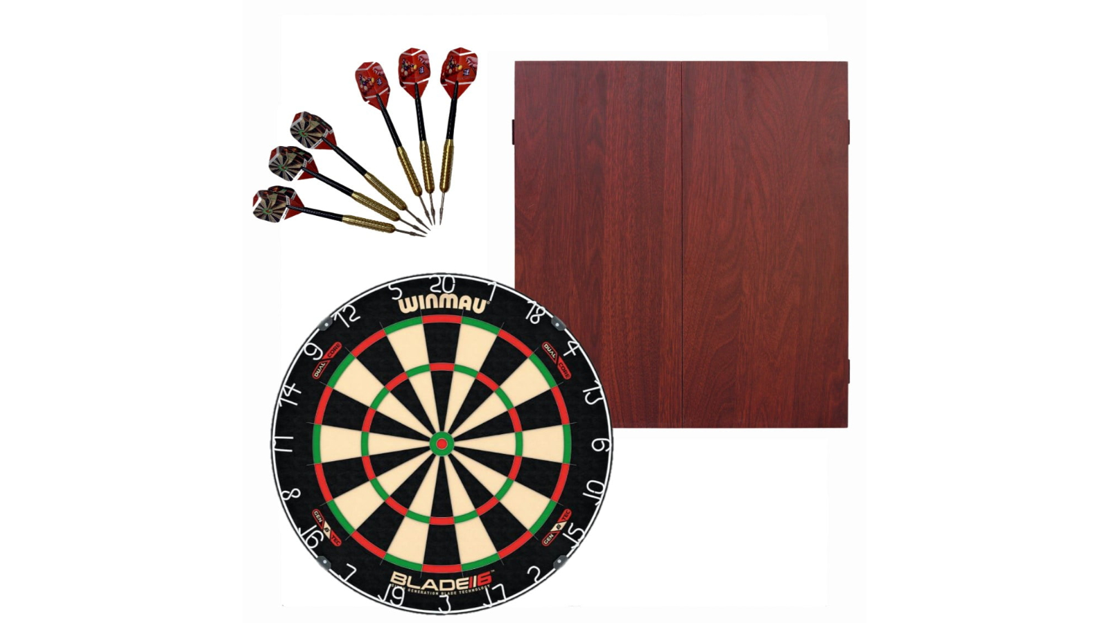 Winmau Professional Blade 6 Dual Core Dartboard with Darts Set and Mahogany Cabinet