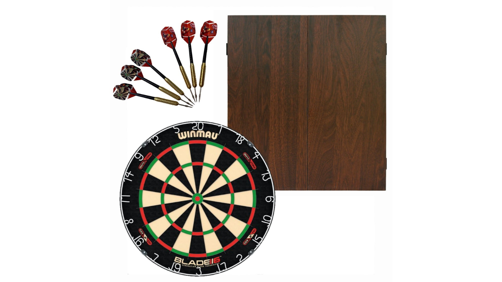 Winmau Professional Blade 6 Dual Core Dartboard with Darts Set and Walnut Cabinet