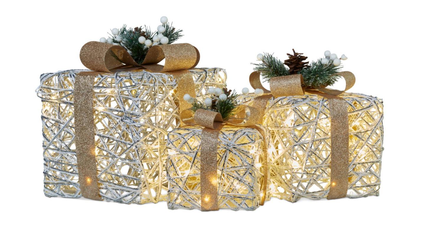 Klika 3 Piece Christmas Present Display Set with Light and Bow - Gold