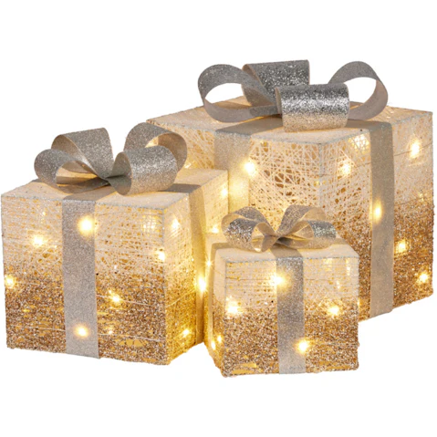 Klika 3 Piece Christmas Present Display Set with Light - Champagne Finish