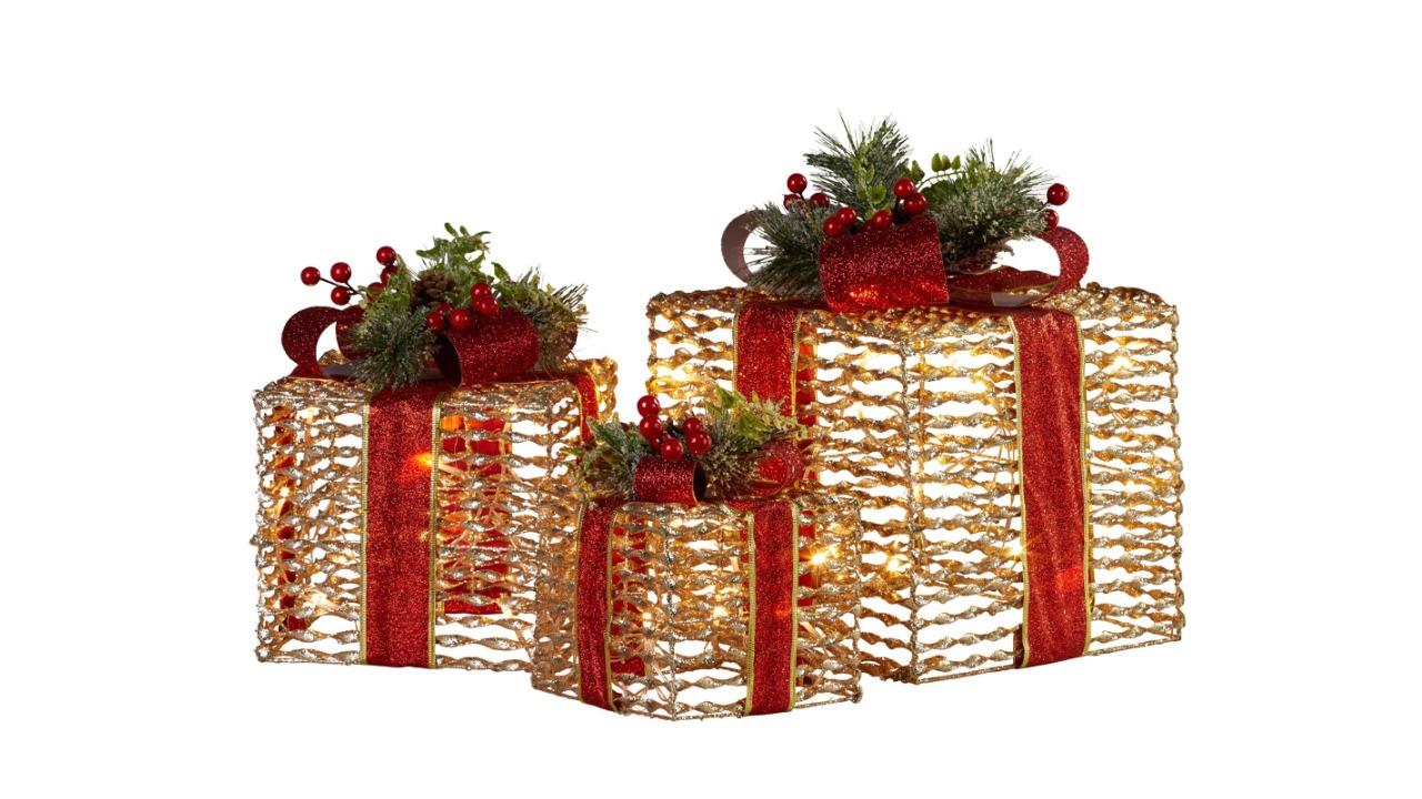 Klika Set of 3 Champagne with Red Bow Christmas Gift Boxes with Light