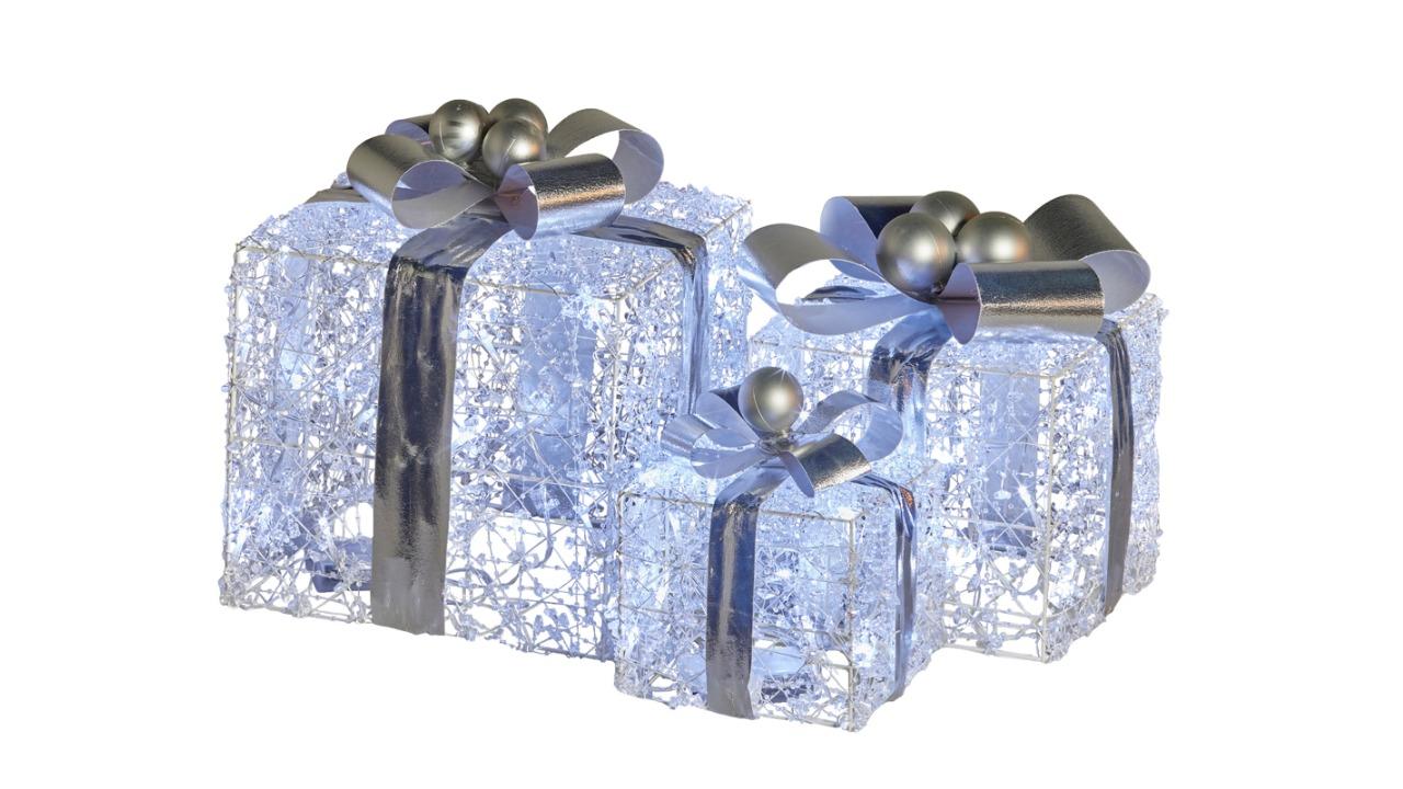Klika Set of 3 Jewelled Wire and Silver Bow Christmas Gift Boxes Display with Light