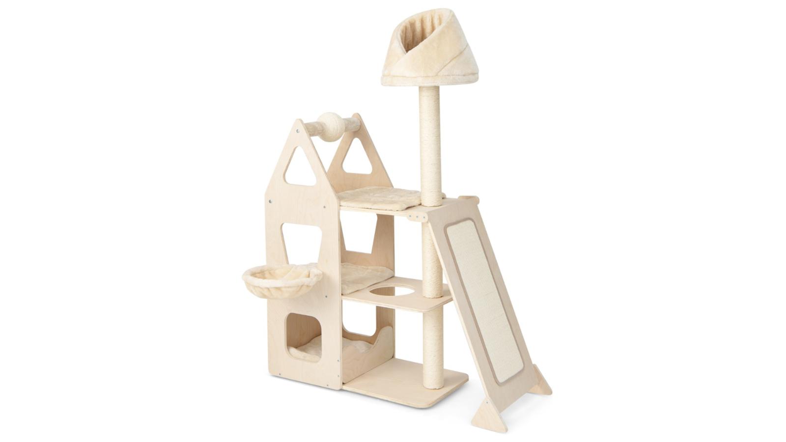 Costway All in 1 Wood Cat Tree Tower Sisal Post with Scratching Board and Ball - Beige