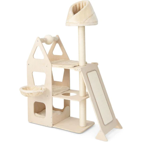 Costway All in 1 Wood Cat Tree Tower Sisal Post with Scratching Board and Ball - Beige