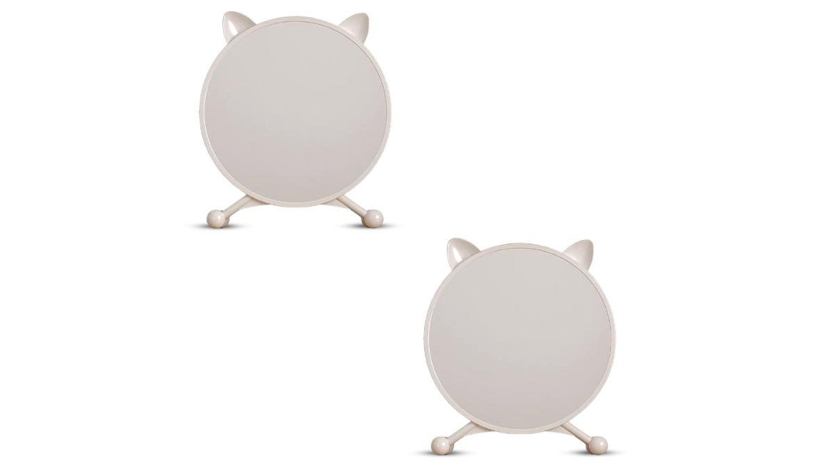 SOGA 2 Piece White Round Smart Bedroom Mirror Table with Cat Ear Style No LED Light