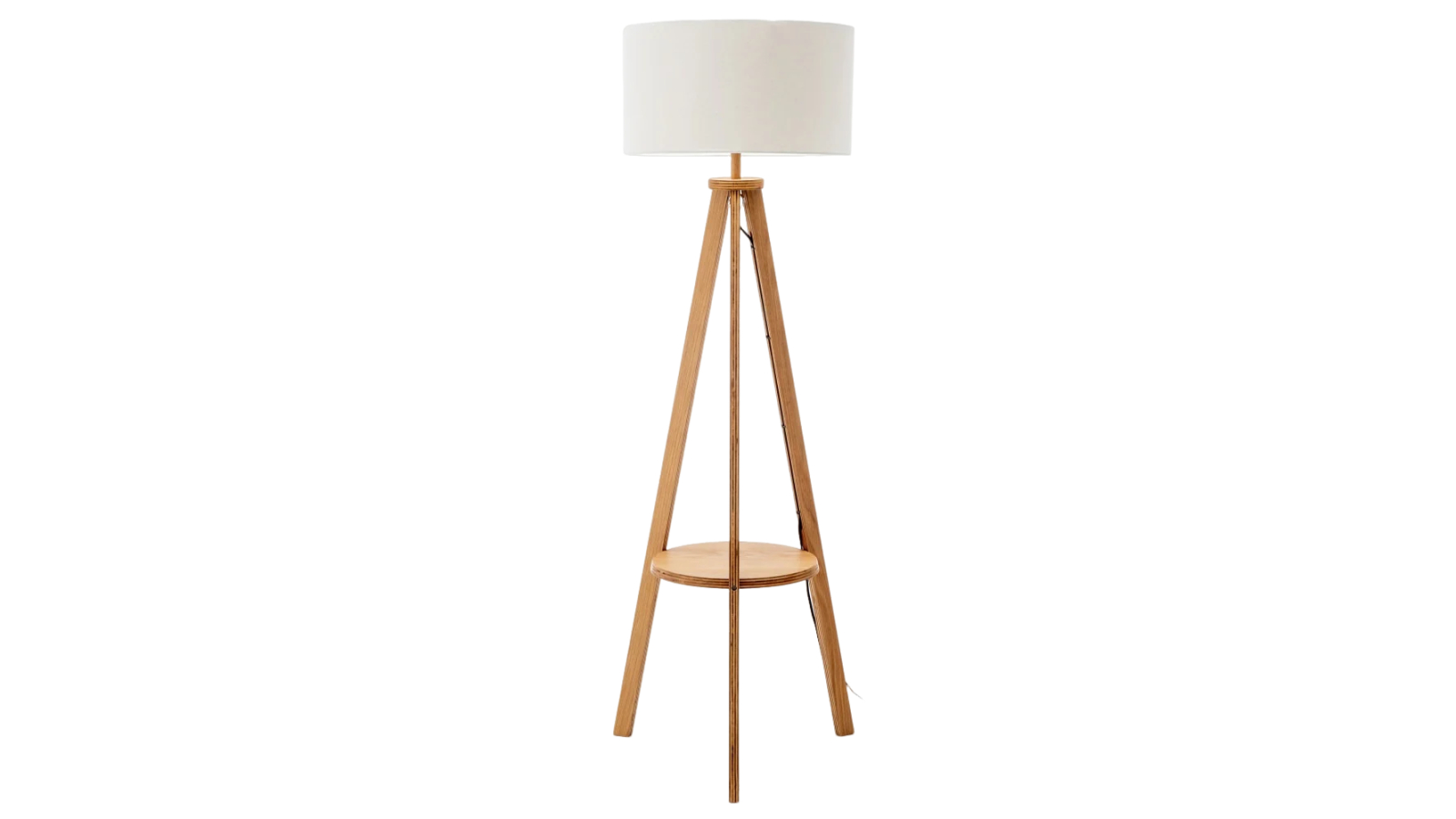 New Oriental Miya Rubberwood Tripod Floor Lamp with Round Shelf Linen Shade - White/Natural