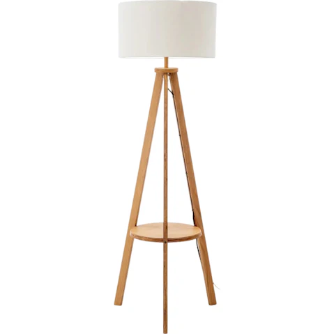 New Oriental Miya Rubberwood Tripod Floor Lamp with Round Shelf Linen Shade - White/Natural
