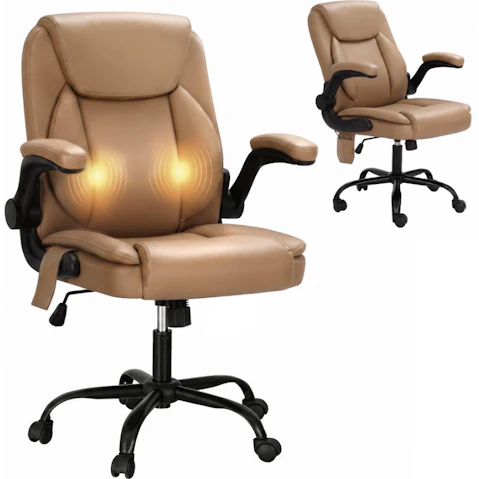Artiss Leather Mid-Back 2 Point Massage Office Chair - Brown