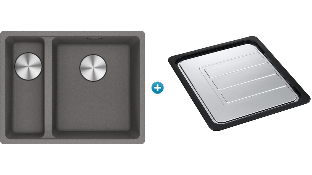 Franke Maris 1 &1/2 Bowl 340/150mm Undermount Sink with Small Bowl Left & Extension Drainer - Stone Grey