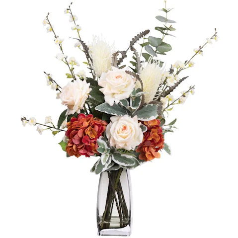 Glamorous Fusion 80cm Hydrangea & Banksia Artificial Plant In Glass - Multi Color