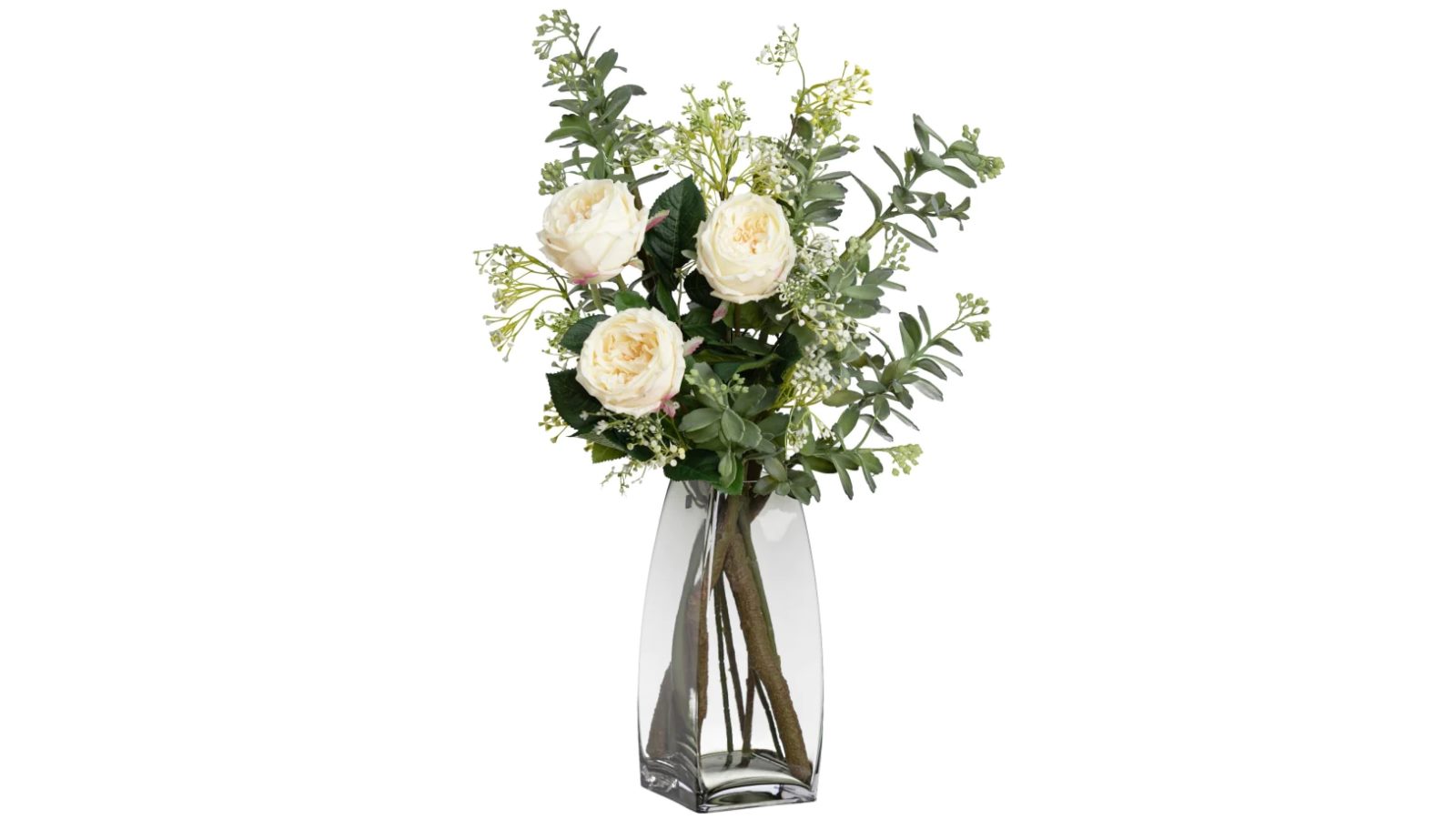 Glamorous Fusion 70cm Rose Arrangement Artificial Fake Plant In Glass - White