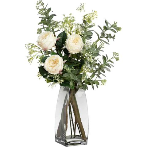 Glamorous Fusion 70cm Rose Arrangement Artificial Fake Plant In Glass - White