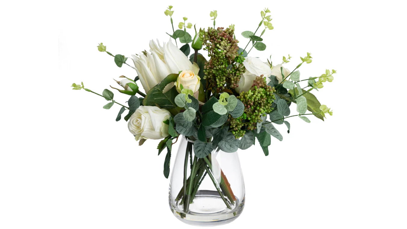 Glamorous Fusion 40cm Protea & Rose Mixed Artificial Fake Plant in Glass