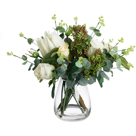 Glamorous Fusion 40cm Protea & Rose Mixed Artificial Fake Plant in Glass