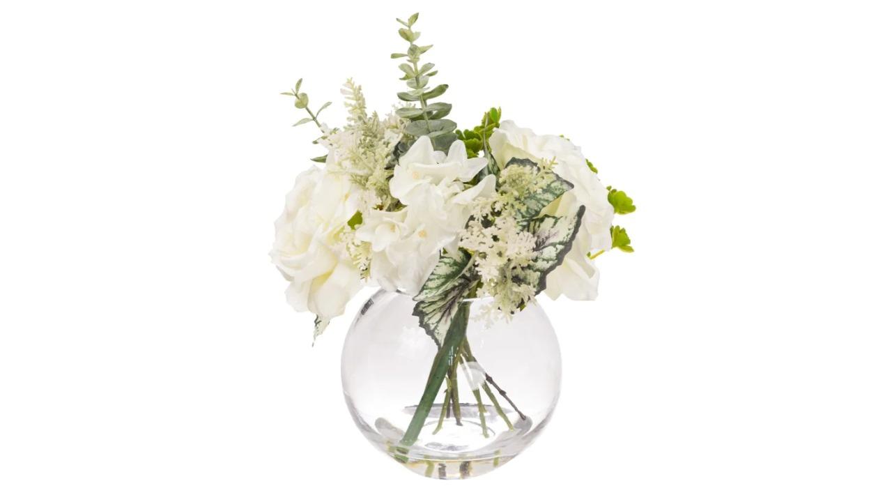Glamorous Fusion White Rose and Succulent Artificial Plant - 27cm