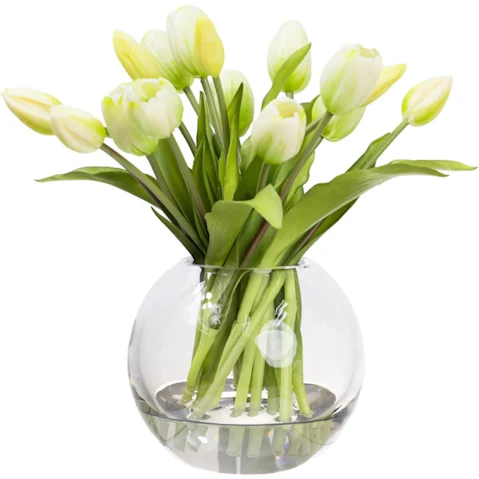 Glamorous Fusion 29cm White Tulip Artificial Faux Flower Plant In Fishbowl