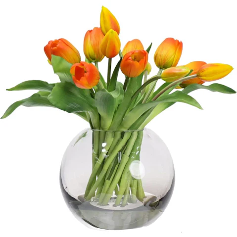 Glamorous Fusion 29cm Orange Tulip Artificial Faux Flower Plant In Fishbowl