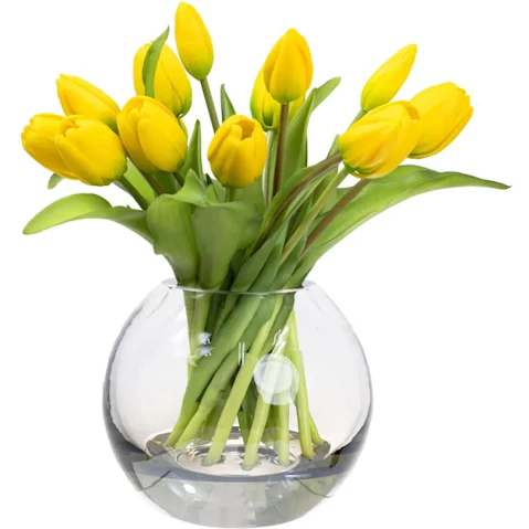 Glamorous Fusion 29cm Yellow Tulip Artificial Faux Flower Plant In Fishbowl