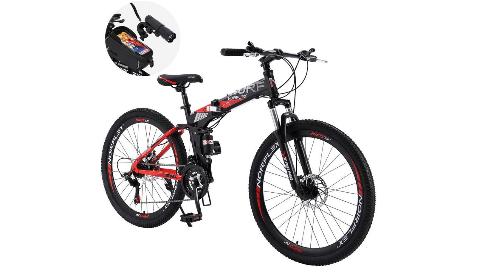 Norflex 26 Folding Mountain Bike Shimano 21 Speed Disc Brake Black Red Harvey Norman