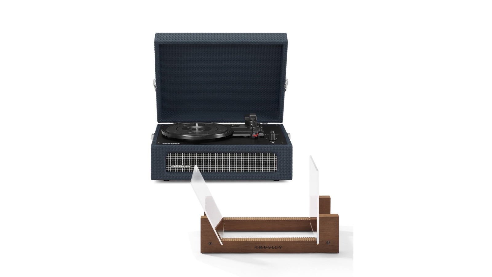 Crosley Voyager Bluetooth Portable Turntable + Record Storage Display Stand Bundle - Navy