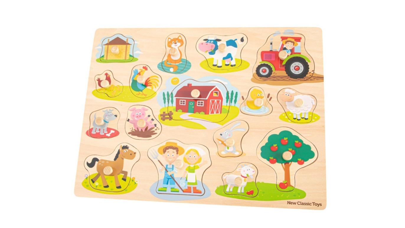 New Classic Toys Kids 40cm Wooden FSC Large Farm Peg Puzzle - 2year+