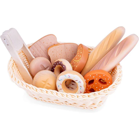 New Classic Toys 12 Piece Wooden Bread Basket Pretend Play Toy - 24 month+