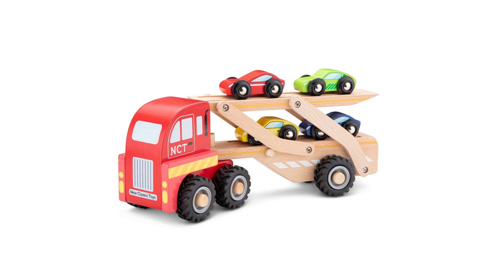New Classic Toys 27cm Kids Car Transporter with 4 Vehicles Wooden Toy - 12 month+