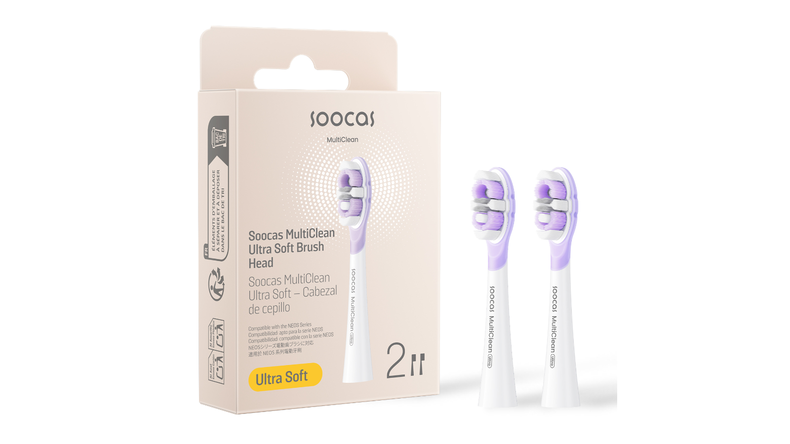 Soocas Pack of 2 CV NEOS II Ultra Soft Toothbrush Head - White