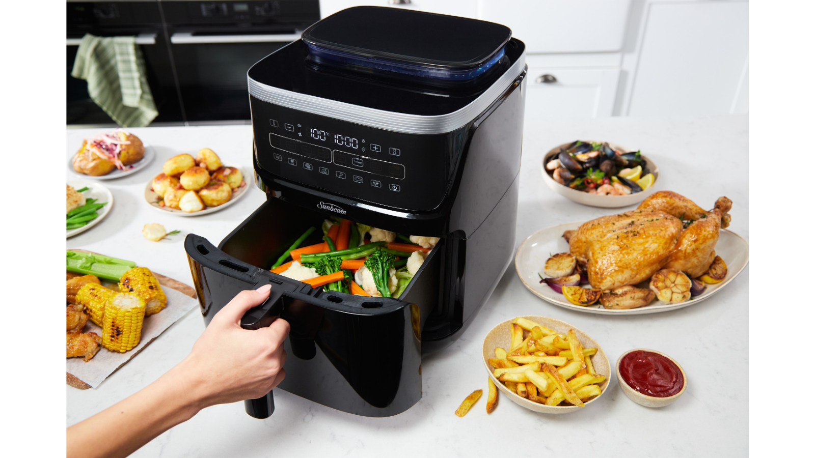 Sunbeam SteamFry Air Fryer + Steam Black Harvey Norman