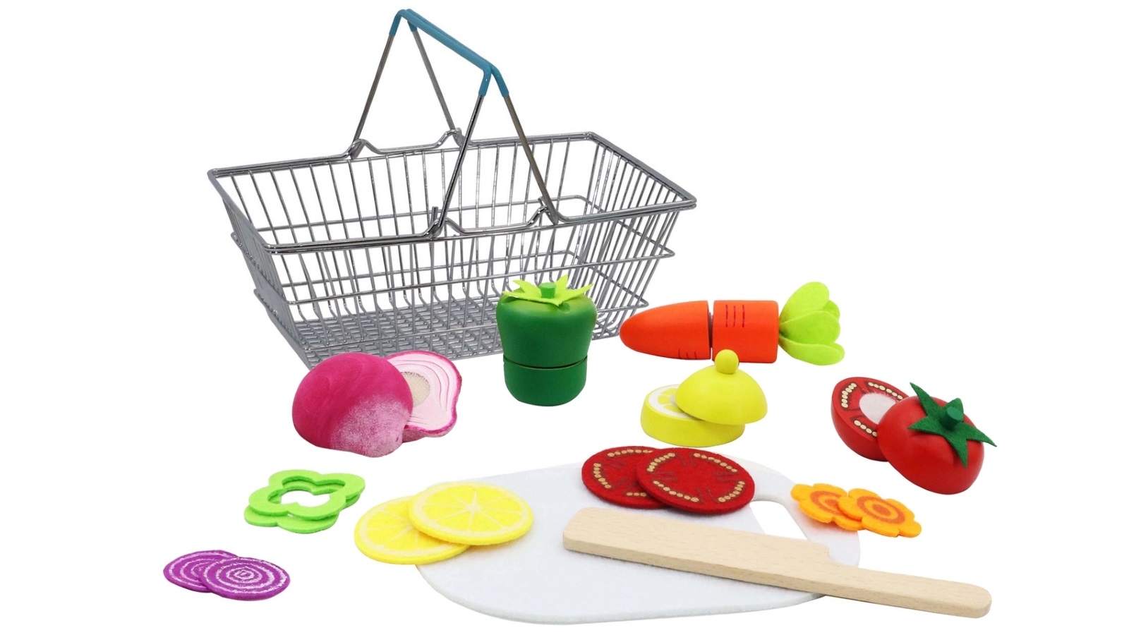 Kaper Kidz Wooden Cutting Vegetables with Metal Basket