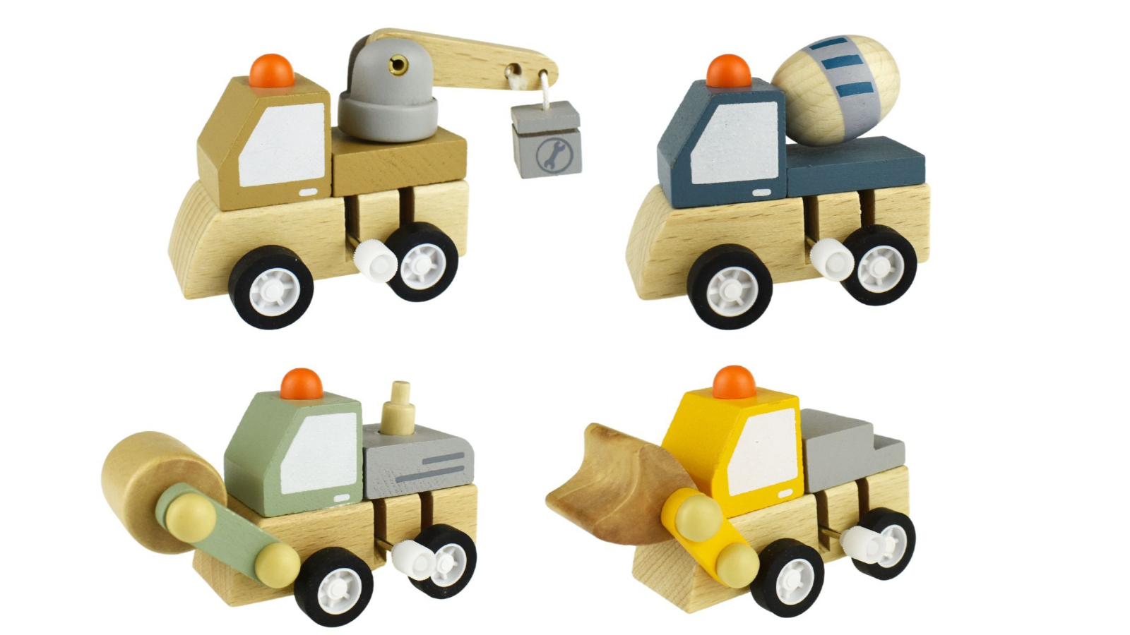 Set of 4 Wooden Wind Up Construction Truck 