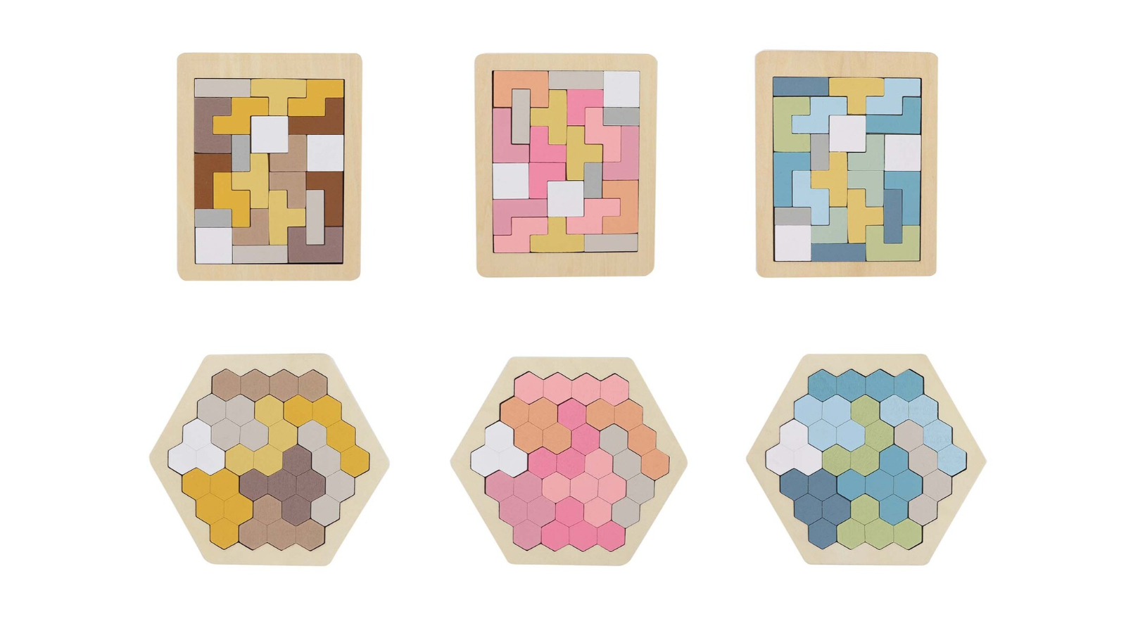 Set of 6 Wooden Hexagon and Pentomino Brainteaser Puzzle
