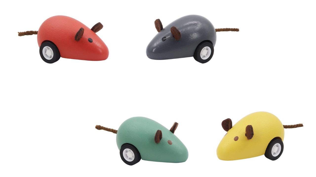 Set of 4 Wooden Pull Back Mouse