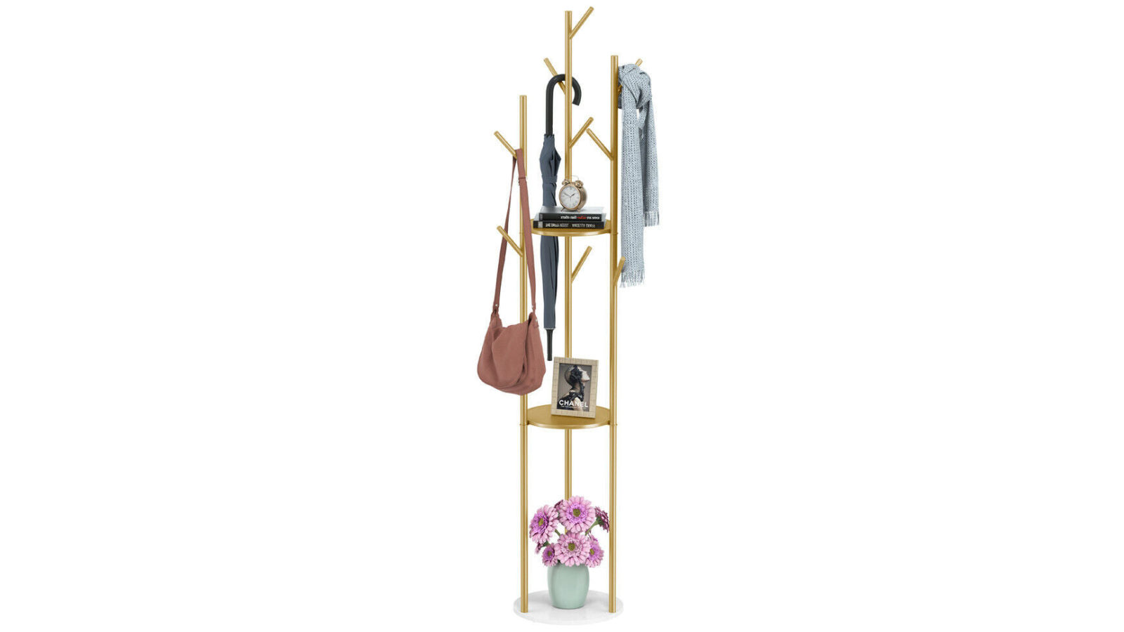 Pretty & Practical Freestanding Gold Coat Stand with Marble Base