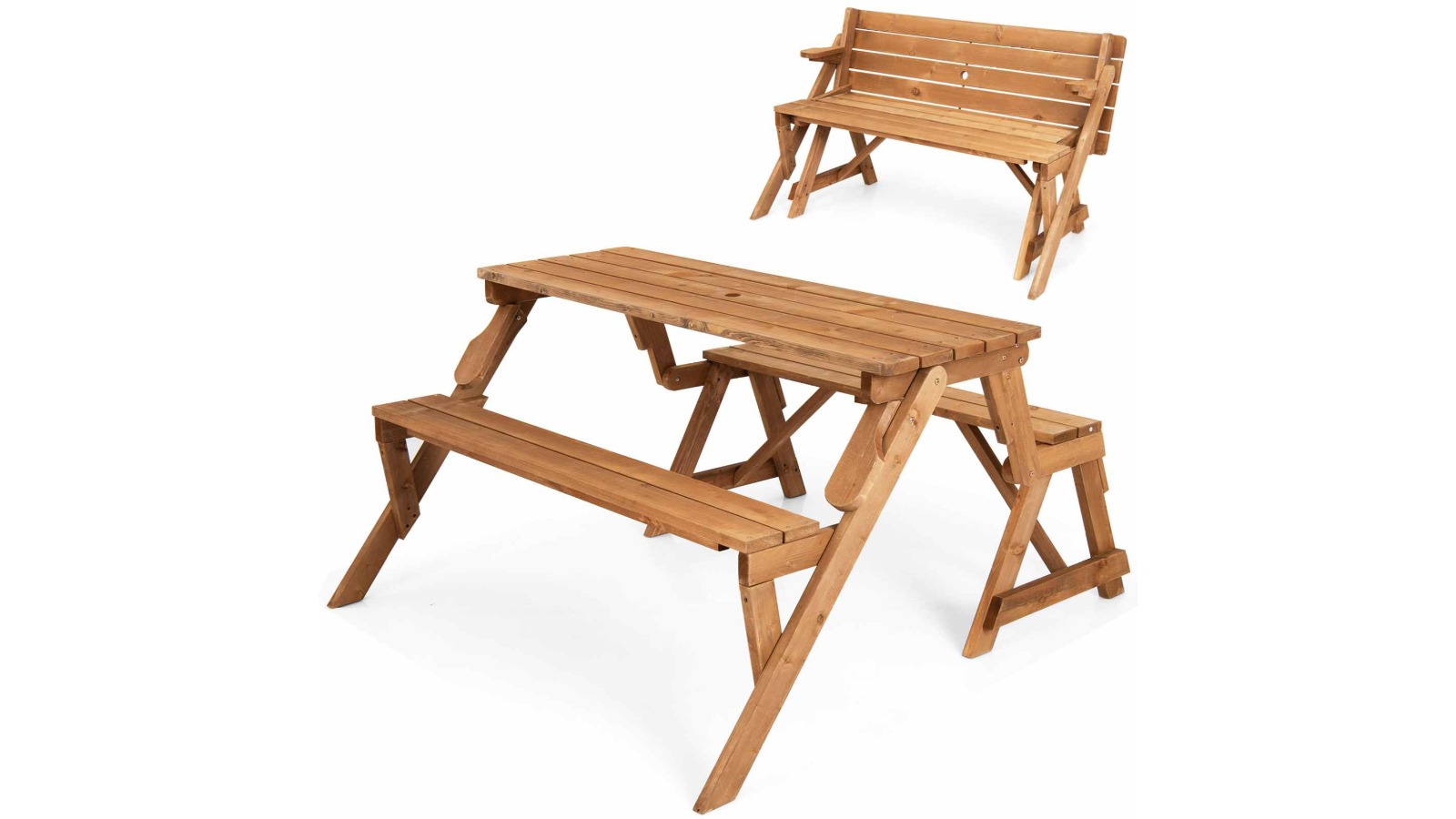 Costway 2-in-1 Convertible Wood Picnic Table with Umbrella Hole - Dark Golden Brown