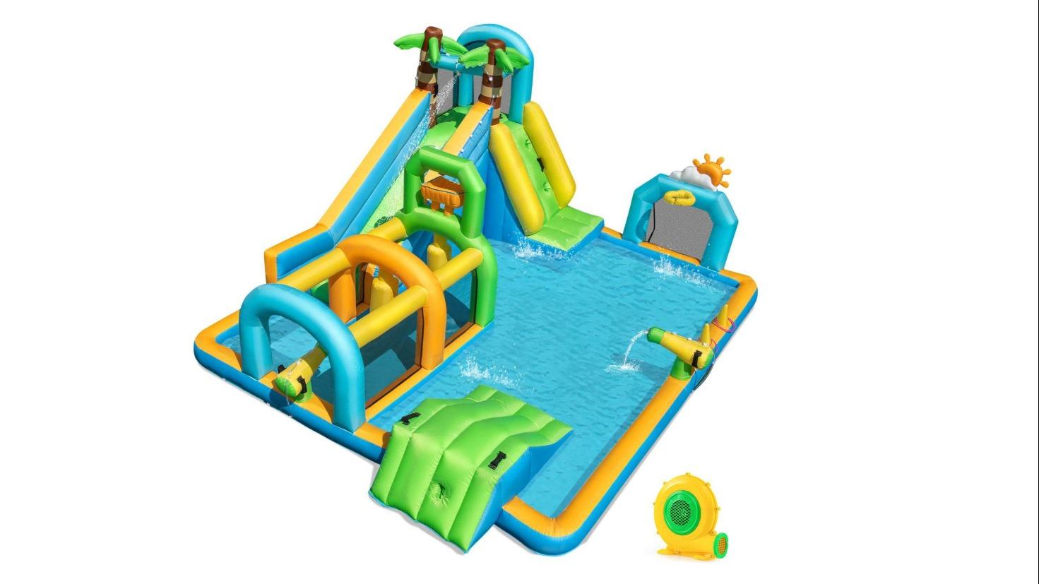 Costway Tropical Dual Slide Inflatable Water Park with 2-Water Cannon Blower