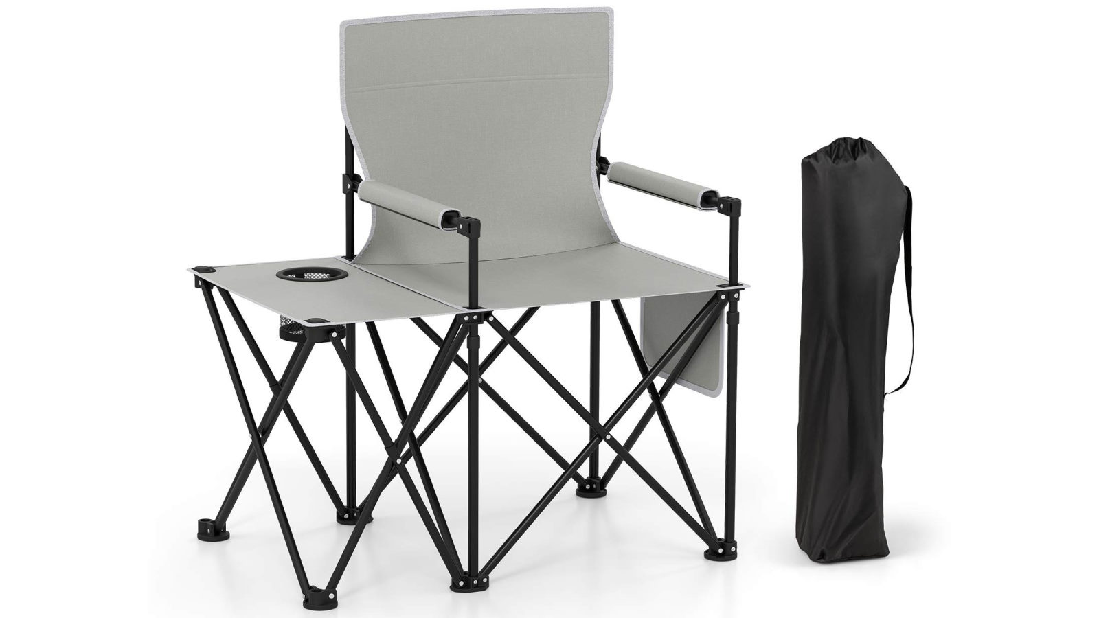 Costway Folding Camping Chair with Side Table 2 Storage Pockets Cup Holder - Grey