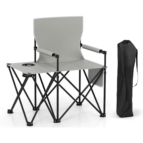 Costway Folding Camping Chair with Side Table 2 Storage Pockets Cup Holder - Grey