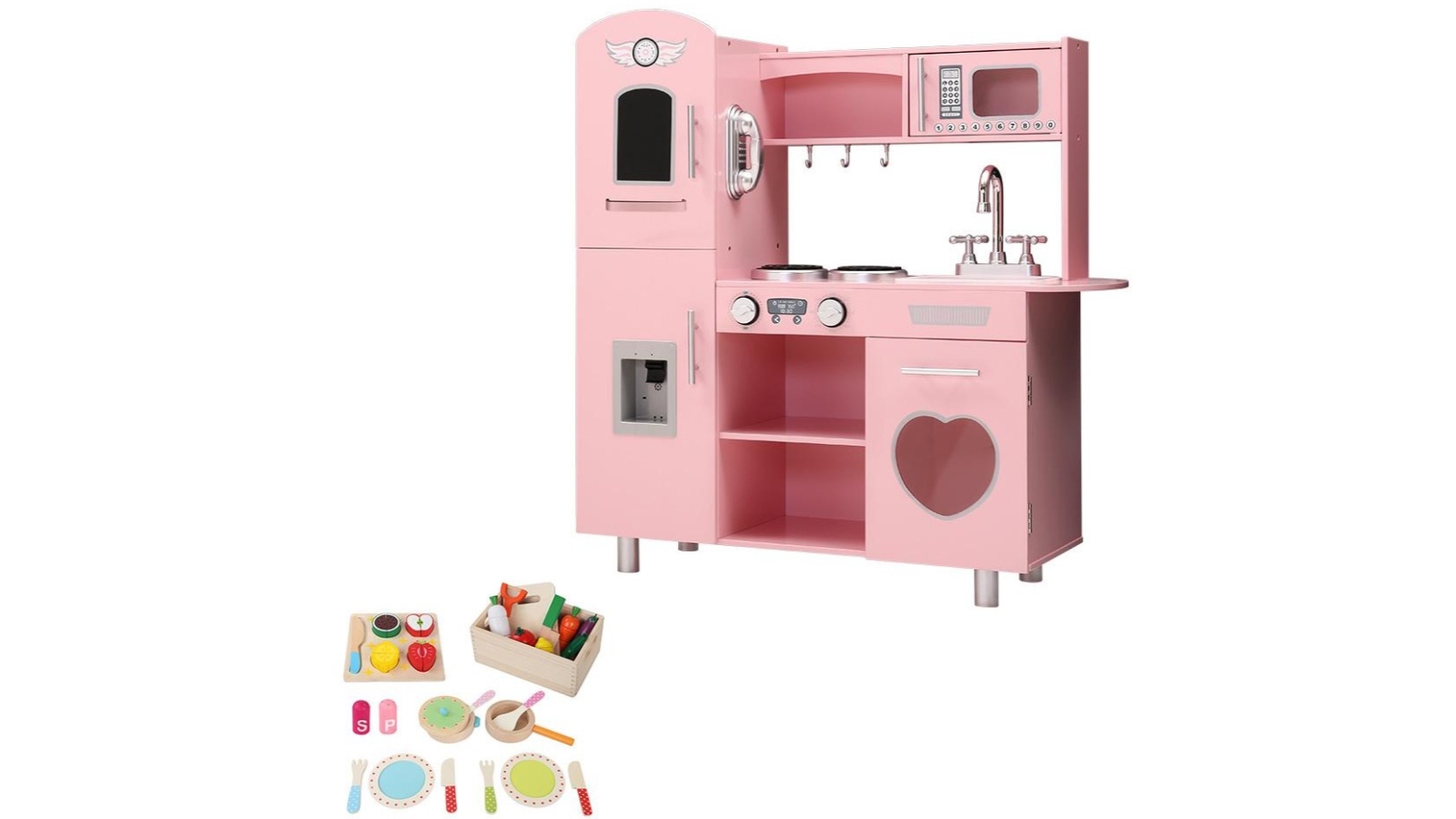 Keezi Wooden Kitchen Play Set with Cooking Food Pink Harvey Norman