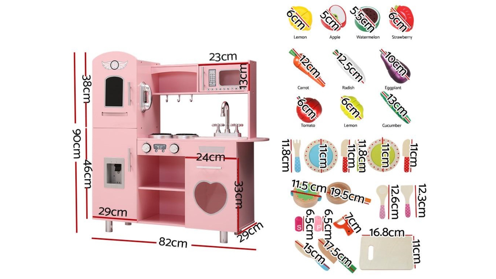 Keezi Wooden Kitchen Play Set with Cooking Food Pink Harvey Norman