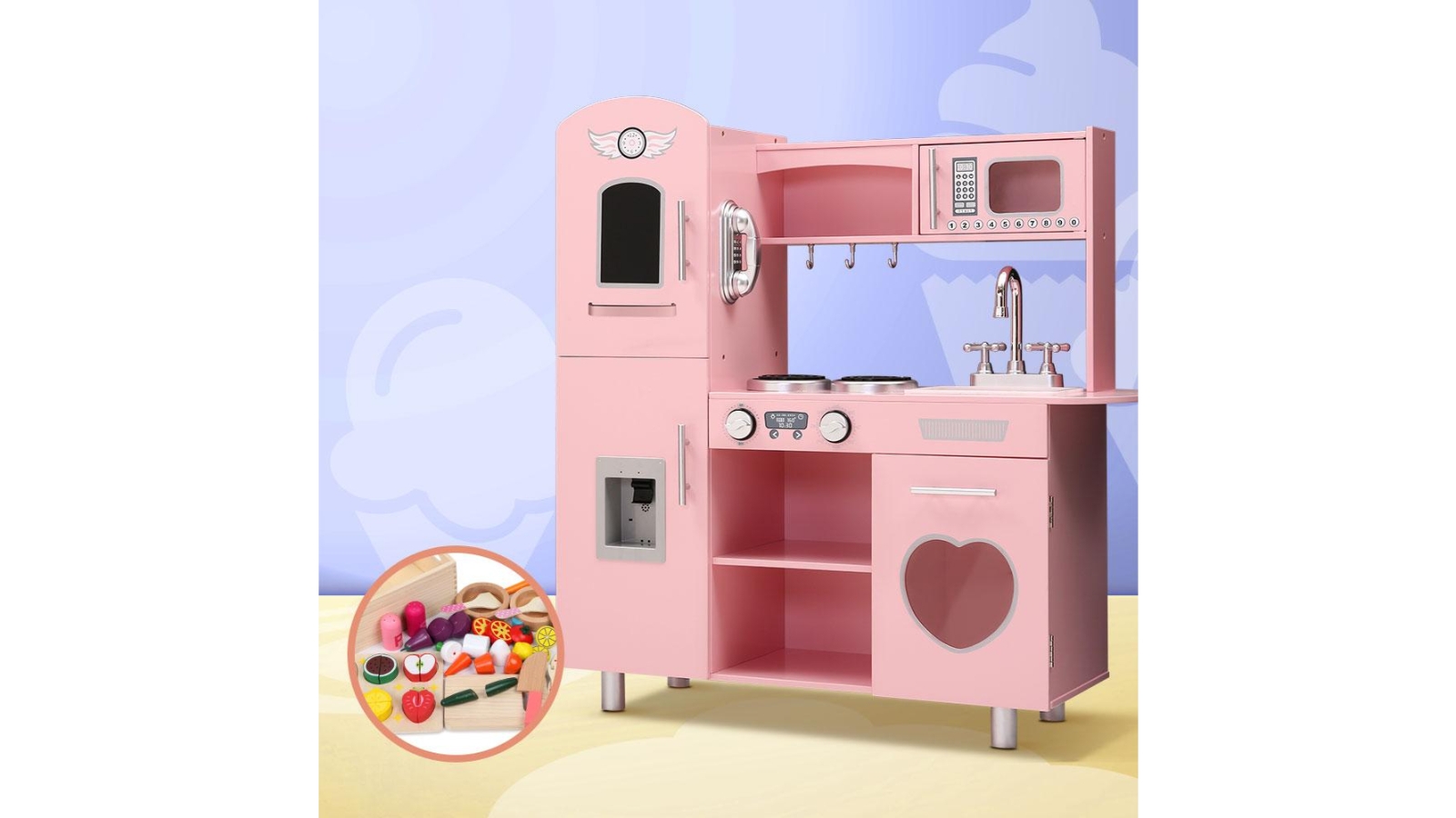 Keezi Wooden Kitchen Play Set with Cooking Food Pink Harvey Norman