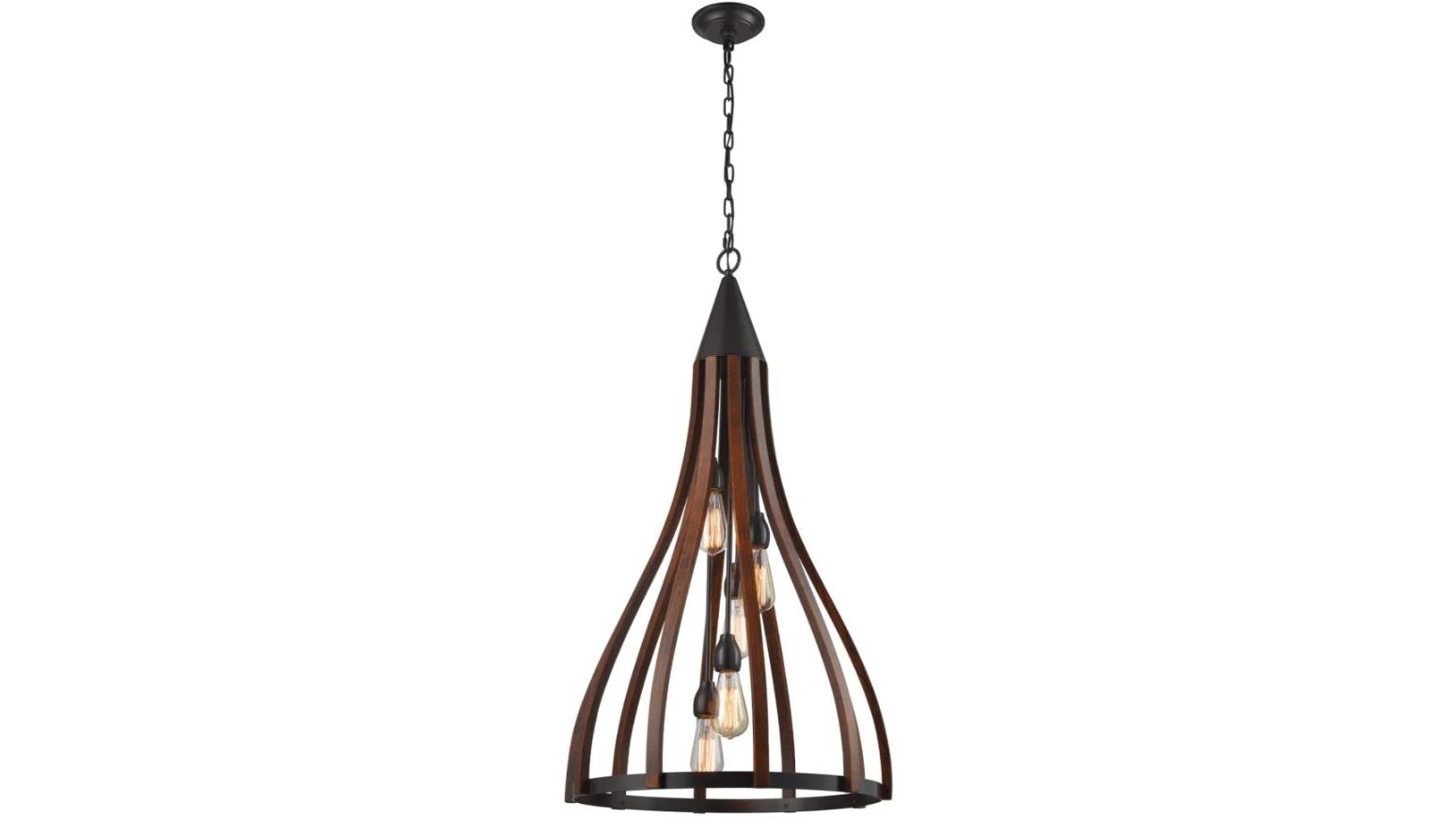 KHALEESI Medieval Style Rustic Oak Dark Red Wood Bell Pendant Light - Large