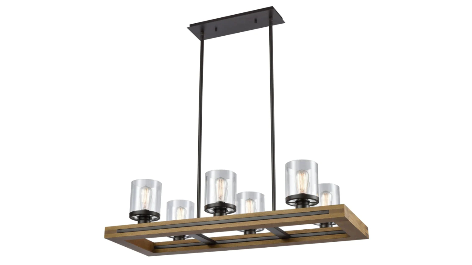 Meti ES x 6 Rectangular Warm Chestnut Wood with Clear Glass Pendant Light - 103.5cm