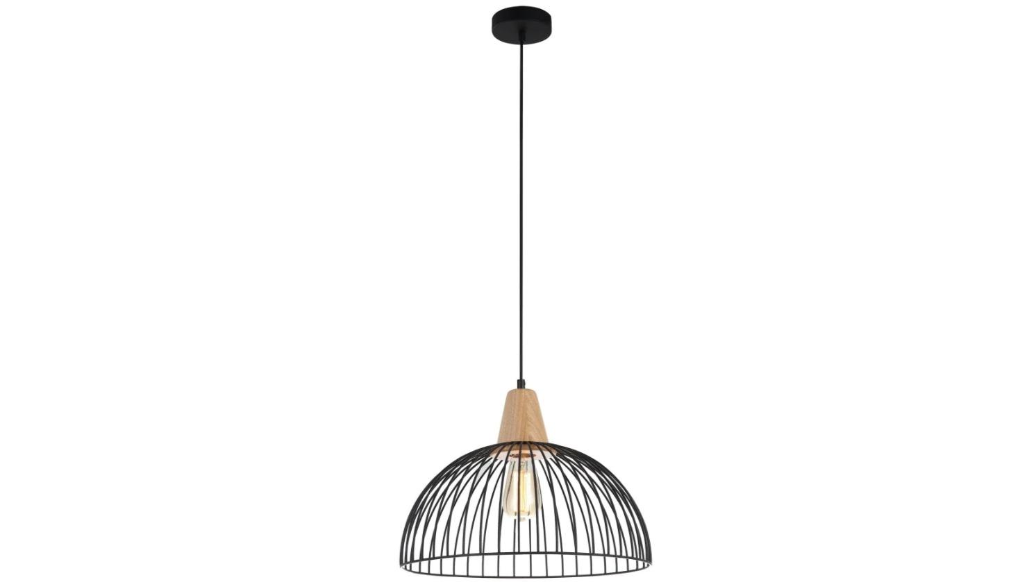 Strand Wire Iron Dome Cage and Wood Highlight Pendant Light - Black