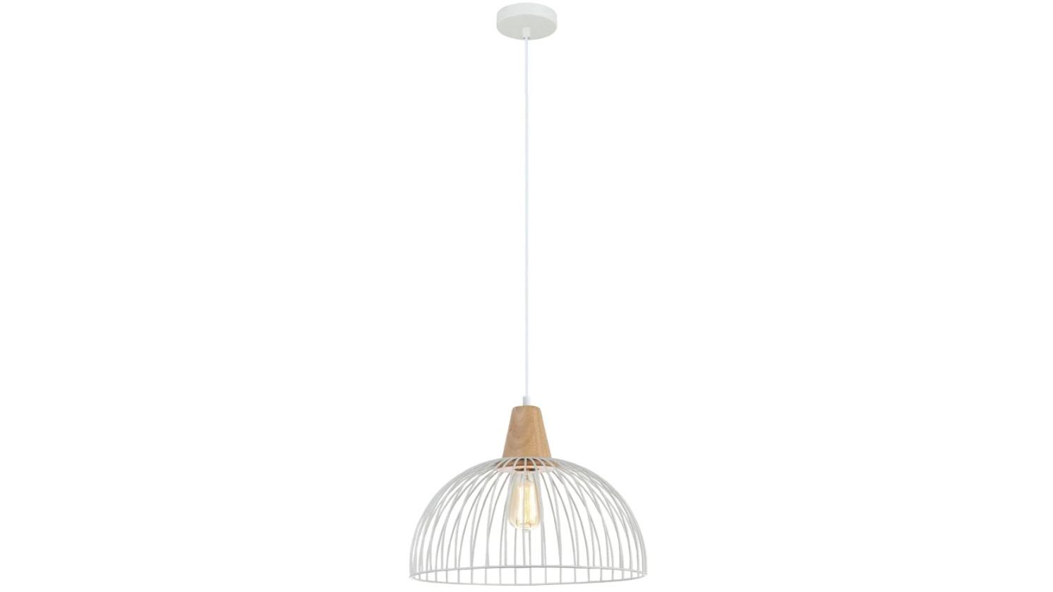 Strand Wire Iron Dome Cage and Wood Highlight Pendant Light - White