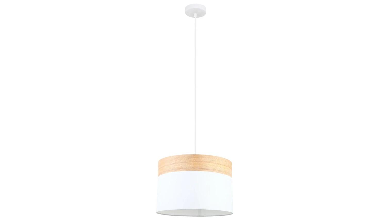 Tambura Scandinavian Medium Drum Cloth with Wood Veneer Trim Pendant Light - White