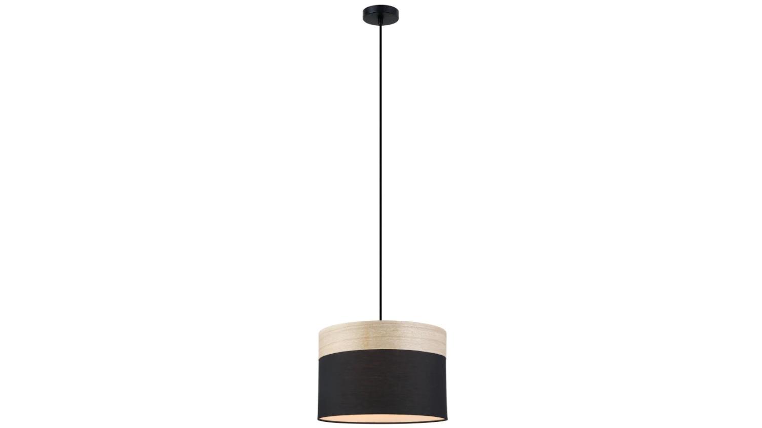 Tambura Scandinavian Medium Drum Cloth with Wood Veneer Trim Pendant Light - Black